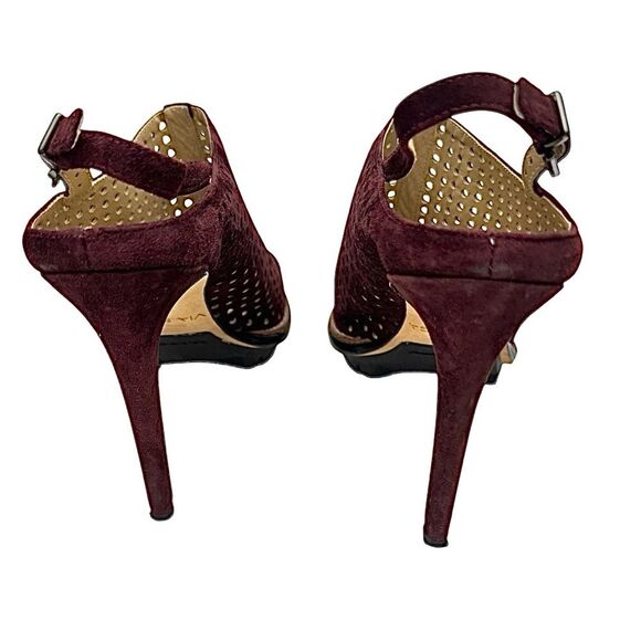 Via Spiga Tasa Burgundy Suede Peep Toe High Heel Shoes Size 10 Medium Pre-Owned - Picture 6 of 11
